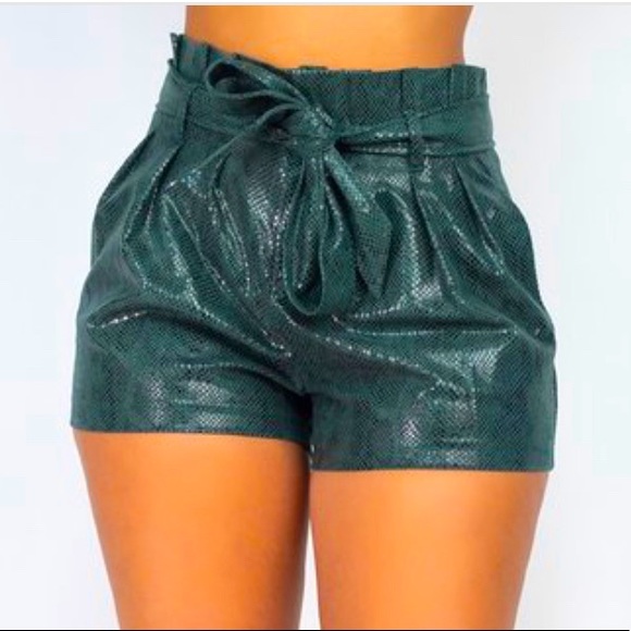 Dark Green Faux Leather Paper Bag High Waist Short - Picture 3 of 3